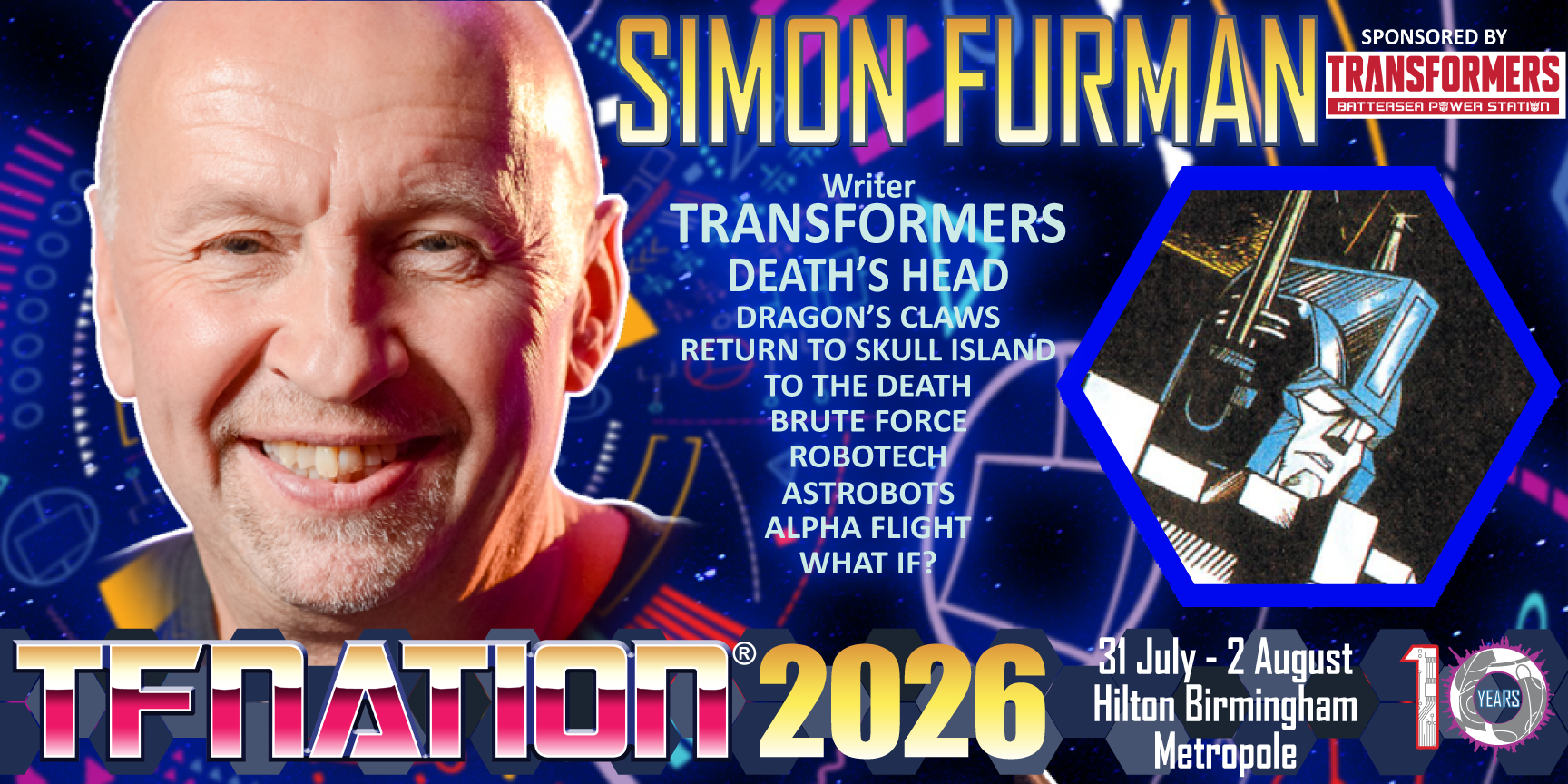 Banner announcing Simon Furman will be appearing at TFNation 2026 in conjunction with Transformers Battersea Power Station